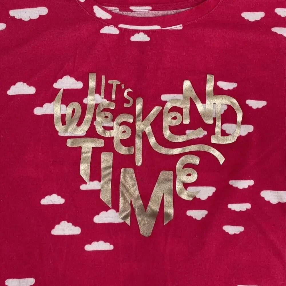 Dip Girls Graphic T-Shirt Pink White All Over Clouds Its Weekend Time Crew XL 16